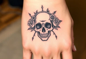 ornate skull adorned with crown of wild roses and thorns tattoo idea
