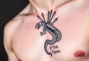 snake carrying a bunch of arrows in a quiver on its back and japanese text tattoo idea