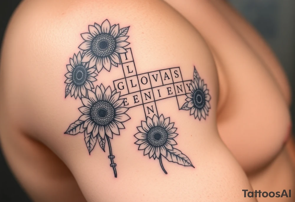 Crossword puzzle with sunflowers with names Gloria, ariel, herbert, camila, kenny tattoo idea