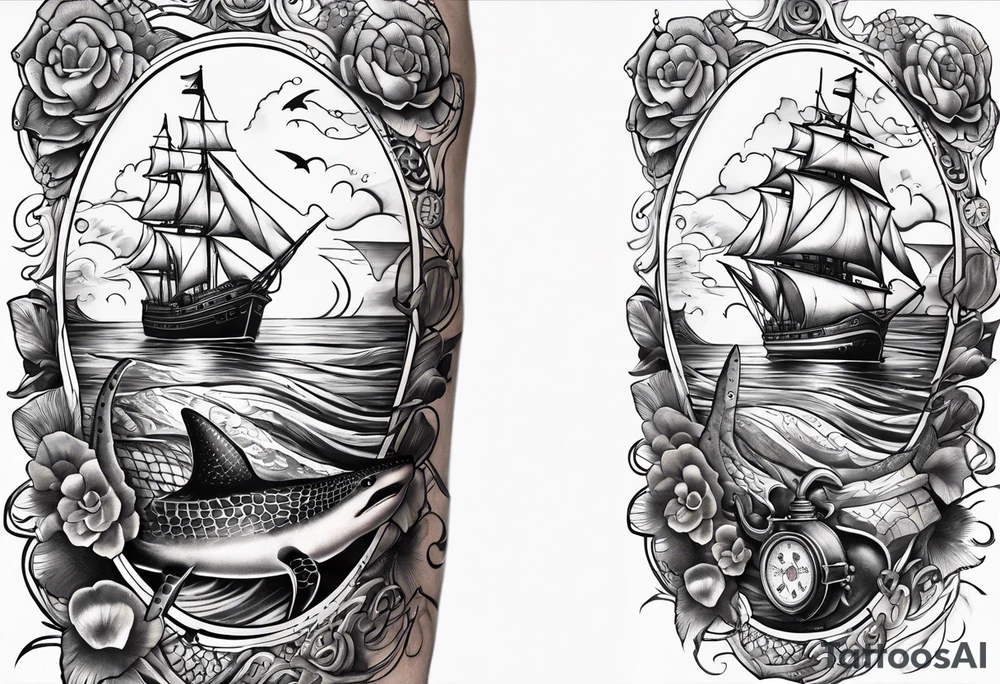 Nautical theme leg tattoo with shark, turtle, treasure map, compass, octopus, bell diver tattoo idea