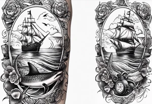 Nautical theme leg tattoo with shark, turtle, treasure map, compass, octopus, bell diver tattoo idea