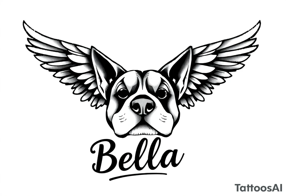 Dog print with angel wings and the name Bella tattoo idea