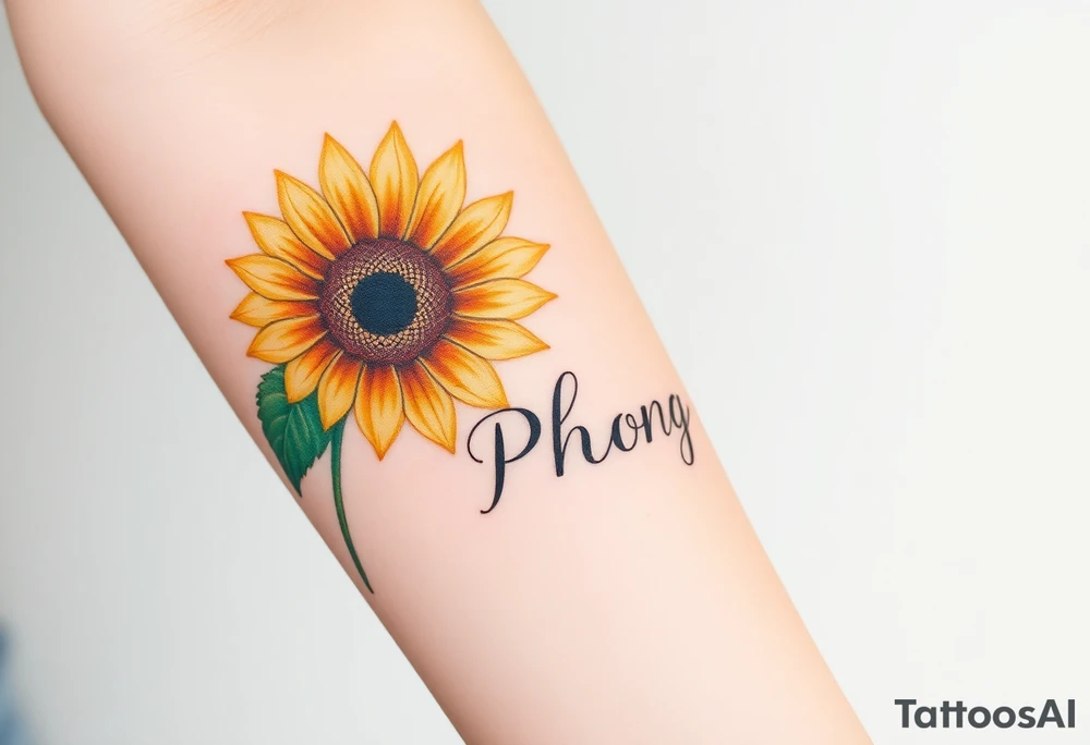 Word "PHUONG" written vertical with the sunflower. tattoo idea