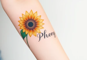 Word "PHUONG" written vertical with the sunflower. tattoo idea