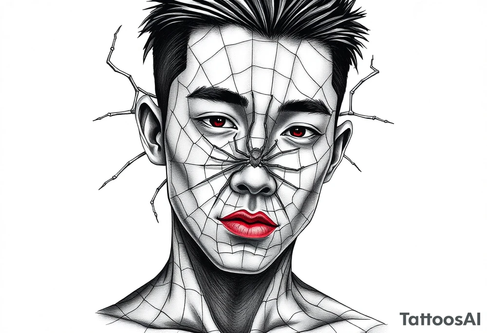 Handsome Asian young guy covered with spiders web tattoo idea