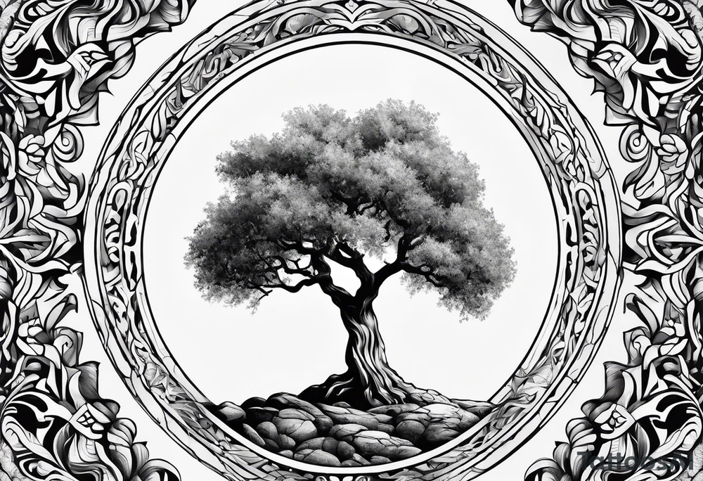 an olive tree inside a psychedelic circle tattoo idea