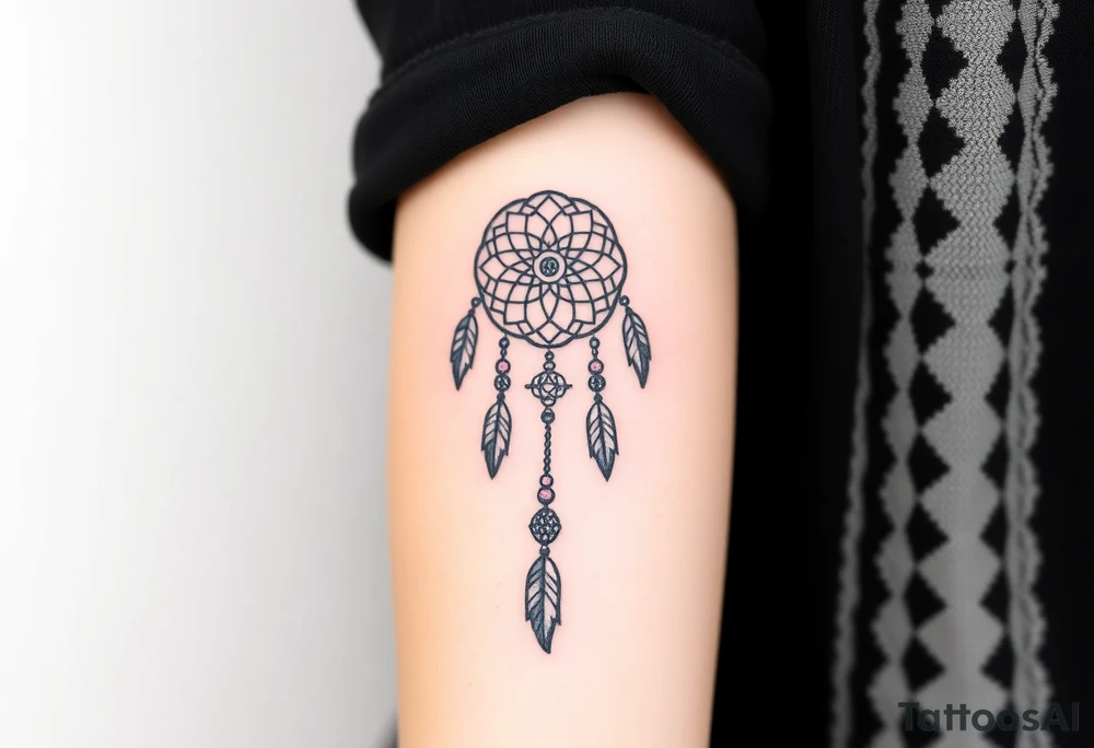 native dreamcatcher with flowing feathers and sacred beads tattoo idea