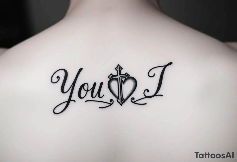 You and I together with a cross and a heart integrated into the design tattoo idea