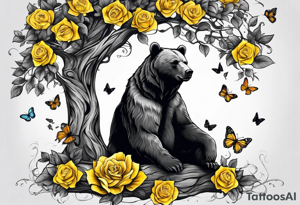 A bear sitting under the tree of life with three yellow roses, and three butterflies tattoo idea