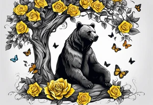 A bear sitting under the tree of life with three yellow roses, and three butterflies tattoo idea