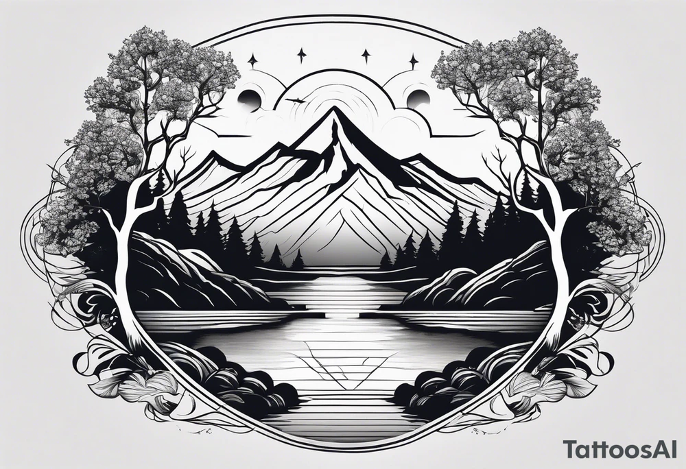 Design a symmetrical tattoo featuring a serene mountain landscape with a winding river and delicate trees, creating a balanced and harmonious composition tattoo idea