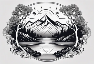 Design a symmetrical tattoo featuring a serene mountain landscape with a winding river and delicate trees, creating a balanced and harmonious composition tattoo idea