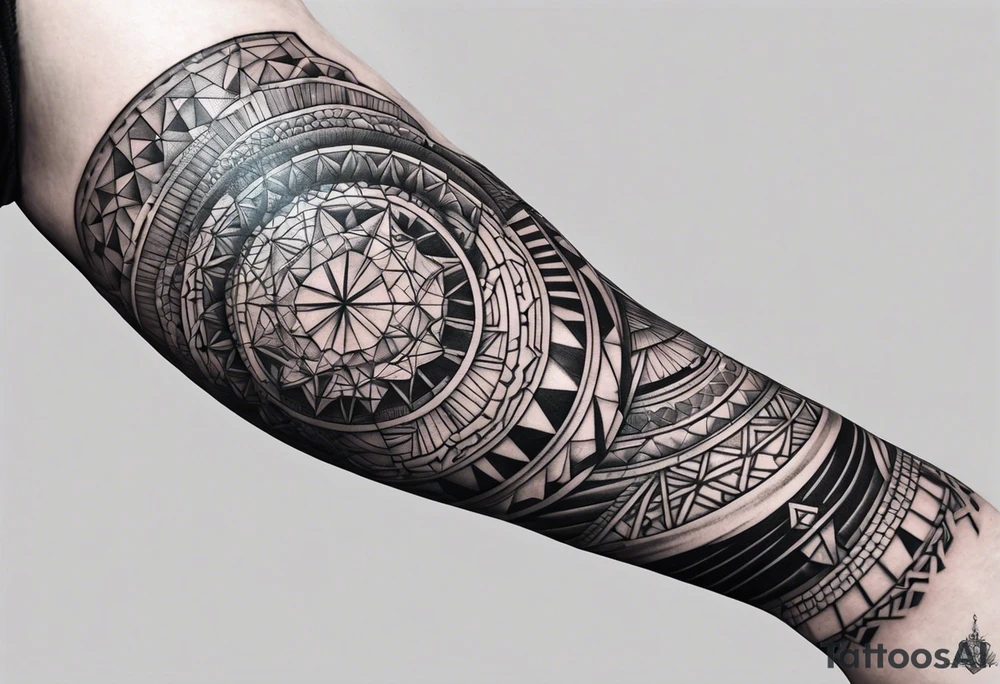 Mix match geometric full leg sleeve male tattoo idea