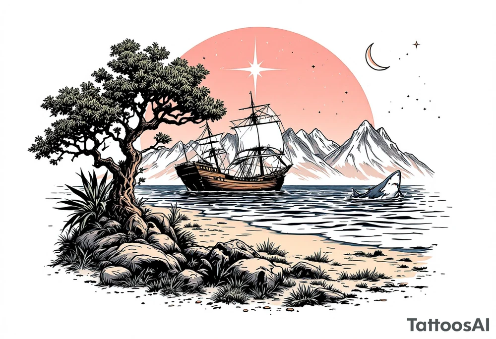 tattoo that has an acacia tree with mountains, ocean with a ship wreck with sharks and the northern star tattoo idea