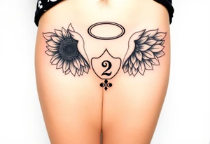sunflower, wings, or halo with a 2 of clubs tattoo idea