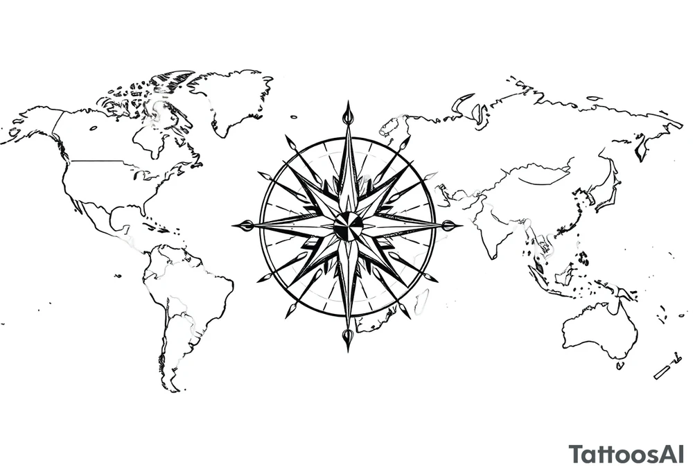 antique compass rose overlaid on weathered world map with sailing ships tattoo idea