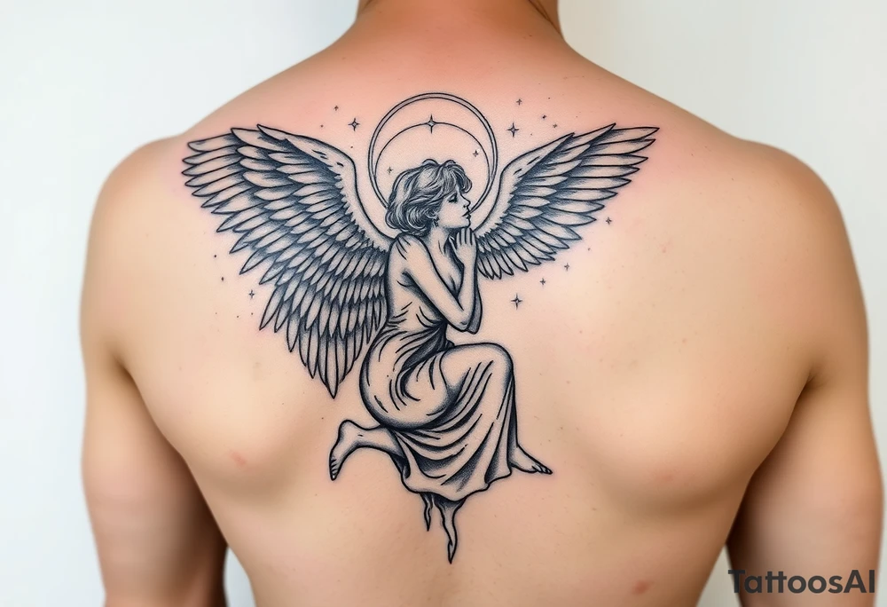 Dante Mikha'el fallen angel on her knees looking sky while her wings are falling tattoo idea