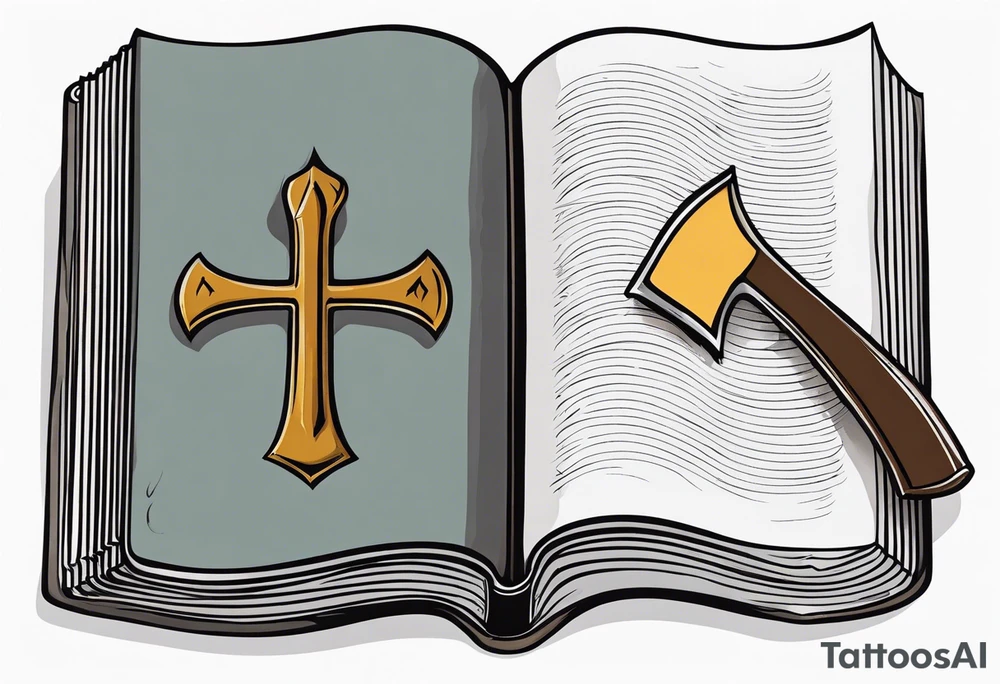 An opened bible with a battle Axe tattoo idea