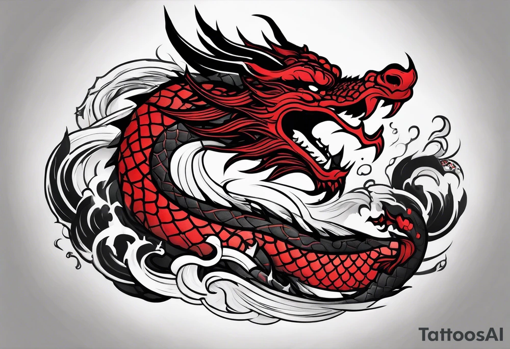 dragon irezumi arm sleeve in black and red with water and lightning tattoo idea