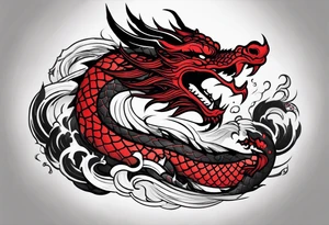 dragon irezumi arm sleeve in black and red with water and lightning tattoo idea