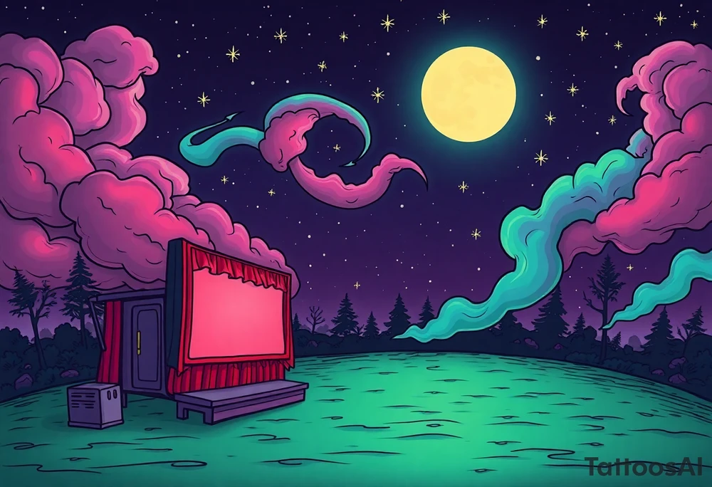 Tim Burton’s 40s drive in movie from outside view and dripping with muted reds, dusty pinks, and eerie green glow purple and cyan smokey clouds swirl and dance in the moonlit night sky filled with twinkling stars  tattoo idea tattoo idea