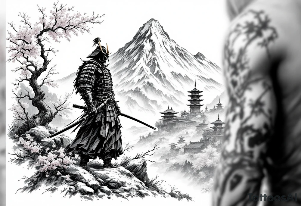 samurai standing at the base of a mountain in japan with cherry blossoms and japanese structures in the background tattoo idea