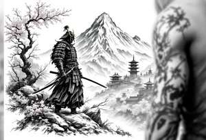 samurai standing at the base of a mountain in japan with cherry blossoms and japanese structures in the background tattoo idea