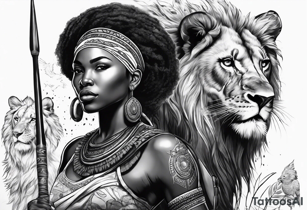 African woman warrior holding a spear with birds and lion in the background tattoo idea