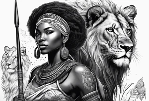 African woman warrior holding a spear with birds and lion in the background tattoo idea