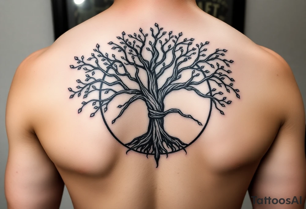 tree of life with circle. names Jai , Phoebe, Imogen, Matilda in the circle tattoo idea