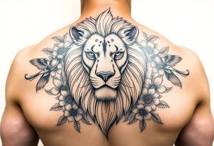 powerful majestic lion with a luffy from ine piece, surrounded by floral ornaments and birds tattoo idea