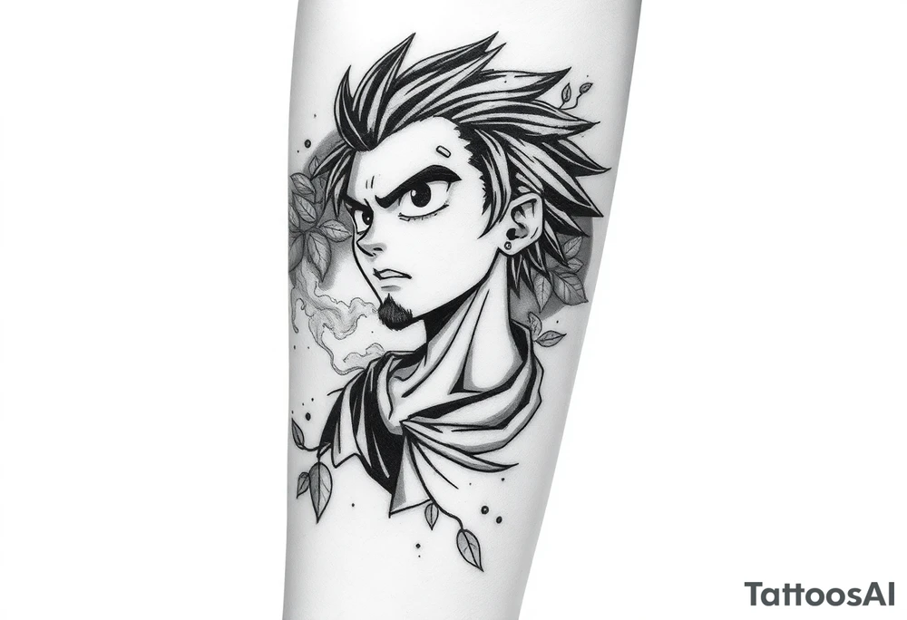 An animated character with smoke passing through and leaves in a negative effect around it. In black and white, dot shading with soft shading. tattoo idea