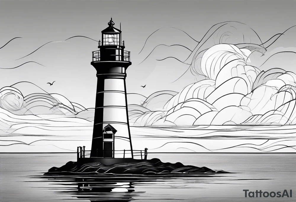 maritime lighthouse partially hidden by its large fixed sail. calm sea reflection. tattoo idea
