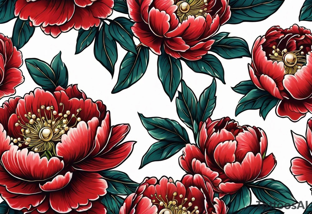 Red peony with a pearl necklace and a rabbit tattoo idea