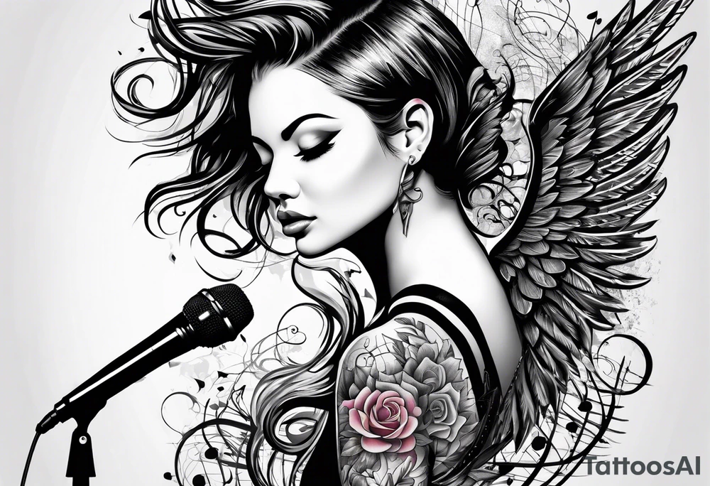 Microphone and musical notes and guitar and wings and female tattoo idea