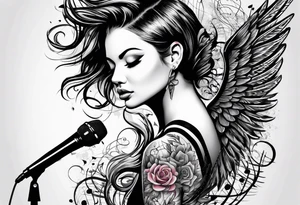Microphone and musical notes and guitar and wings and female tattoo idea