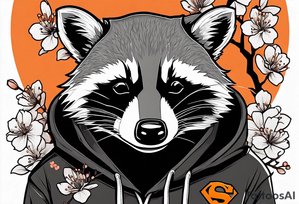 Raccoon wearing a white Superman logo on a black hoodie and orange Japanese cherry blossoms beside tattoo idea