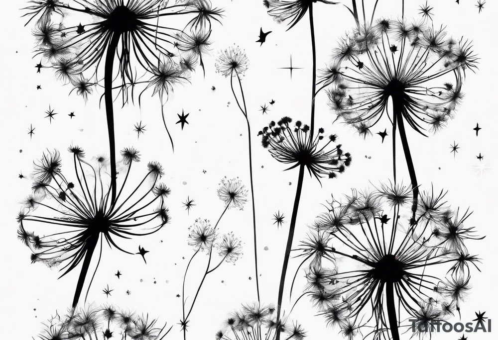 Dandelions blowing in the breeze as constellations cancer, Virgo, Sagittarius, Aries and Pisces tattoo idea