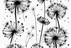 Dandelions blowing in the breeze as constellations cancer, Virgo, Sagittarius, Aries and Pisces tattoo idea