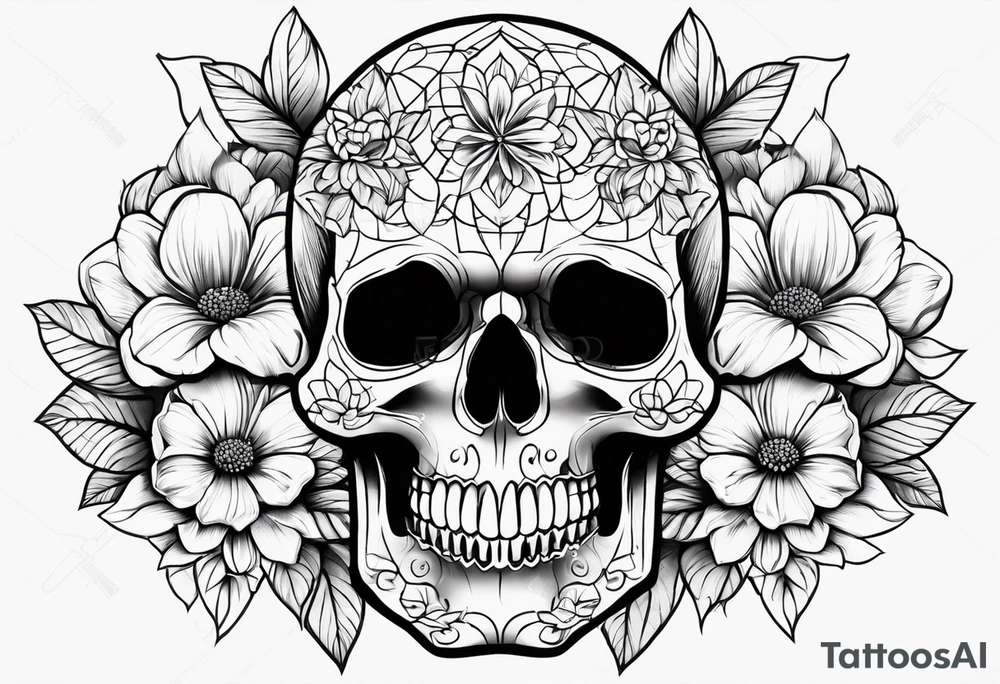 skull and flowers tattoo for full sleeve tattoo idea