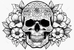 skull and flowers tattoo for full sleeve tattoo idea