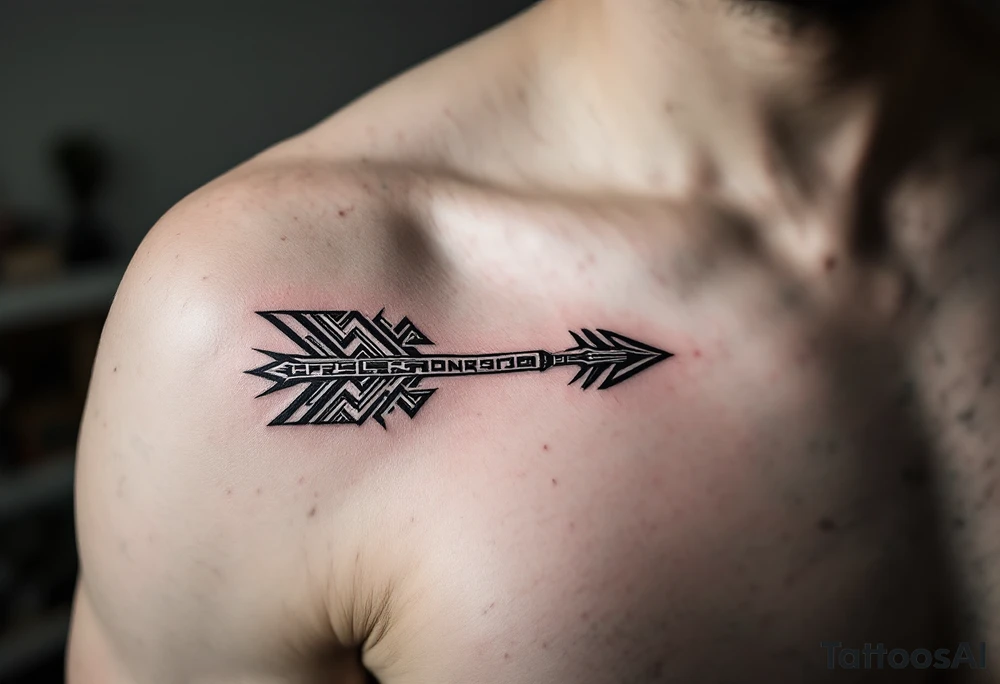 A silver and steel arrow with Norse runes engraved along its shaft, representing ancient wisdom and warrior spirit. tattoo idea