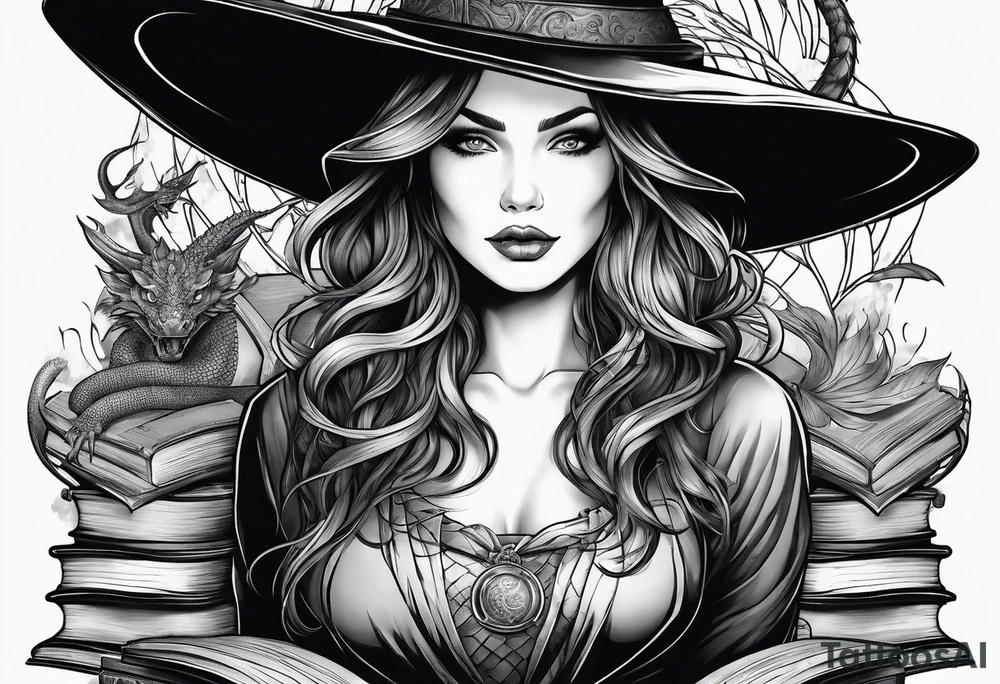 Witch surrounded by books and dragon tattoo idea Witch surrounded by books and dragon tattoo idea