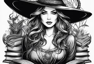 Witch surrounded by books and dragon tattoo idea