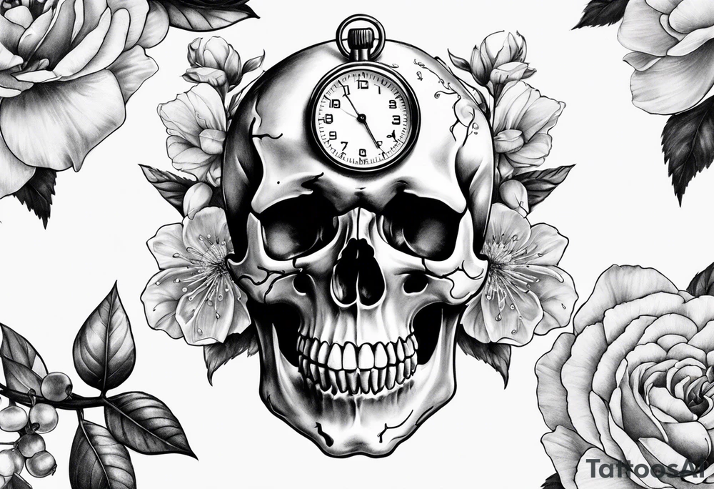 Stopwatch skull and cherry bloom tattoo idea