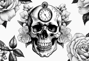 Stopwatch skull and cherry bloom tattoo idea