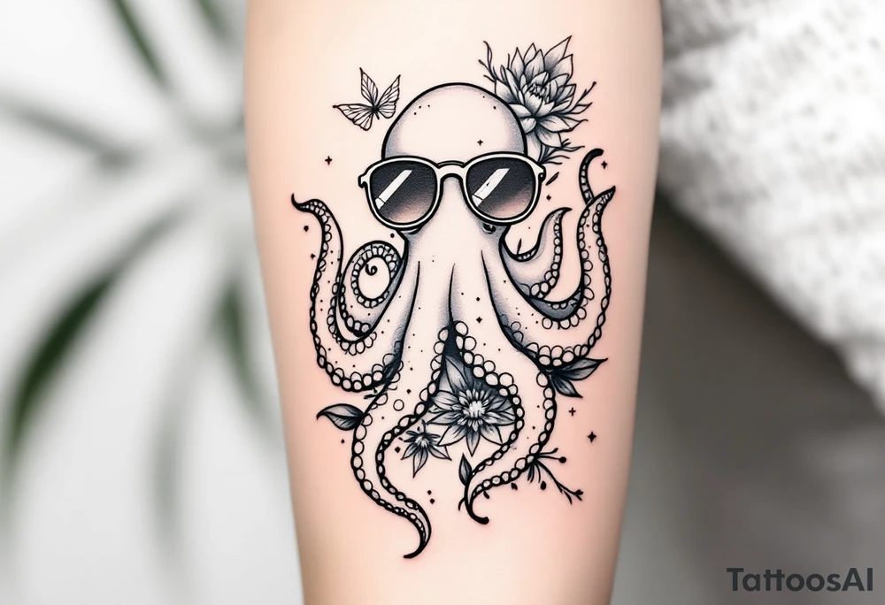 cute octopus, wearing sunglasses, friendly, surrounded by floral ornaments and oceanic items tattoo idea
