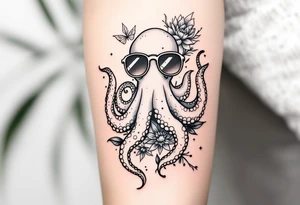 cute octopus, wearing sunglasses, friendly, surrounded by floral ornaments and oceanic items tattoo idea