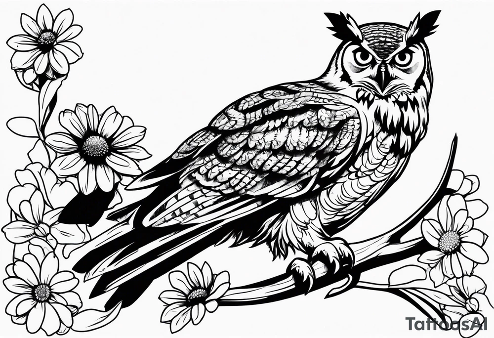 Great horned owl on a branch with coneflowers surrounding tattoo idea