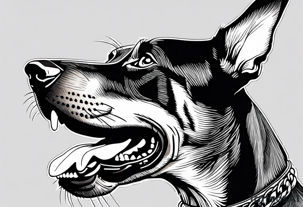 Doberman with open mouth biting
Wearing chain tattoo idea